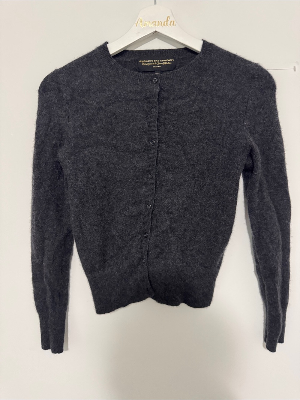Hudson Bay Cashmere Charcoal Crewneck Button-Front Cardigan